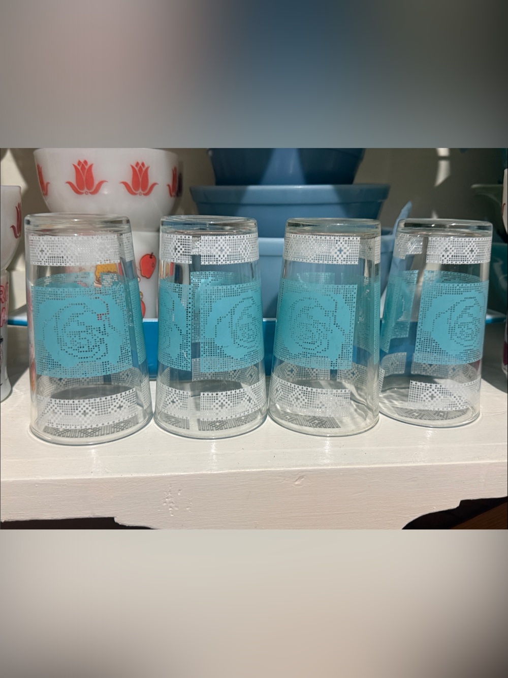 Vintage rare Libbey rose needlepoint turquoise cross stitch Glass Tumbler set